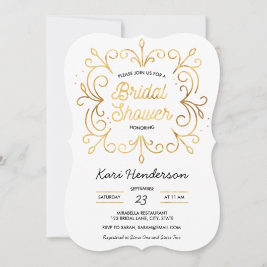 Weiße Schwarz-und Imitat-GoldBrautparty-Einladung Einladung (Vorderseite)