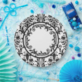 Weiße schwarze Damast Floral Wirbel personalisiere Pappteller (Party)