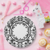 Weiße schwarze Damast Floral Wirbel personalisiere Pappteller (Party)