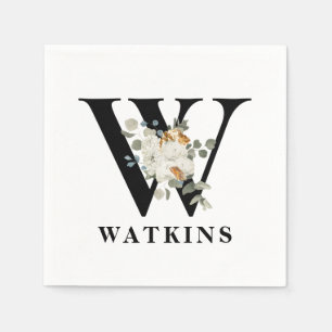 Weiße schwarze Floral Monogramm W Serviette