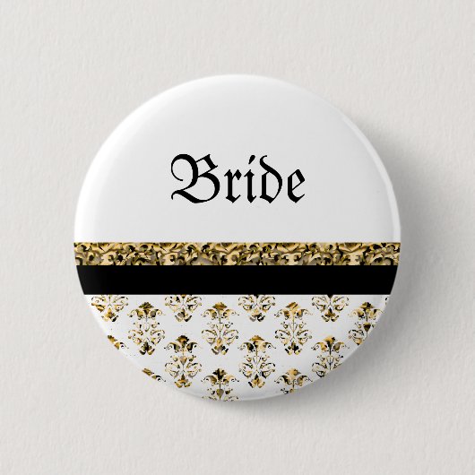 Weiße schwarze Golddamasthochzeit Button (Vorderseite)
