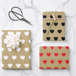 Weiße schwarze Herzen, Goldene Glitzer-Glitzern Geschenkpapier Set