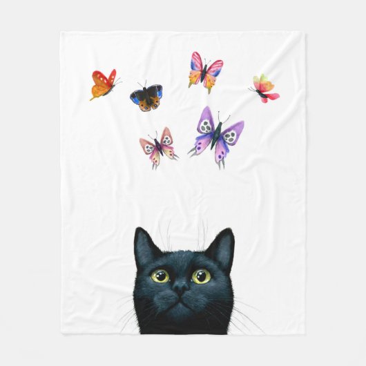 Weiße schwarze Katze 606 Schmetterlinge Fleecedecke (Vorderseite)