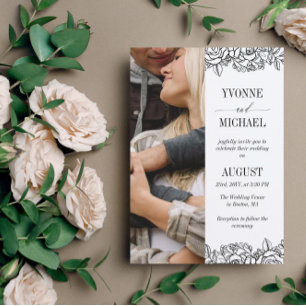 Weiße Schwarze Rose Konturen Foto 2 in 1 Hochzeit Einladung