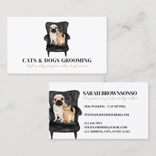 Weiße schwarze Sofa Mops Katze Katze Pet Visitenkarte (Vorne/Hinten)