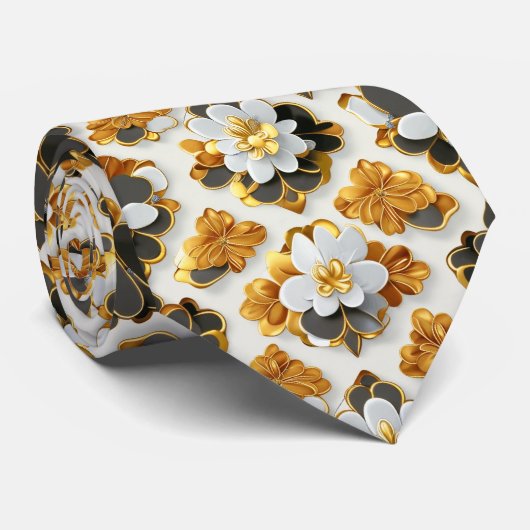 Weiße, schwarze und goldene Floral Neck Tie Krawatte (Gerollt)