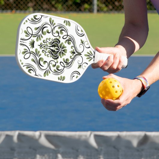 Weiße schwarze und weiße Damaskus-Flora Pickleball Schläger (InSitu)