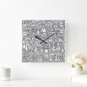 "Weiße schwarze und weiße Doodle-Uhr Quadratische Wanduhr (Zuhause)