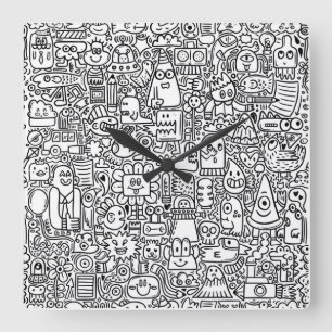 "Weiße schwarze und weiße Doodle-Uhr Quadratische Wanduhr