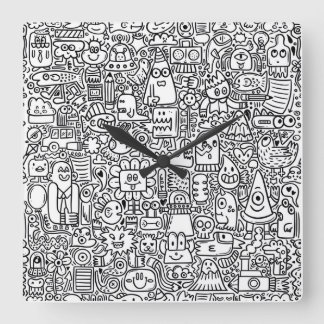 "Weiße schwarze und weiße Doodle-Uhr Quadratische Wanduhr