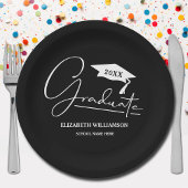 Weiße Script Graduation Cap Black Pappteller