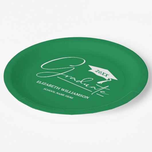 Weiße Script Graduation Cap Green Pappteller (Schrägansicht)