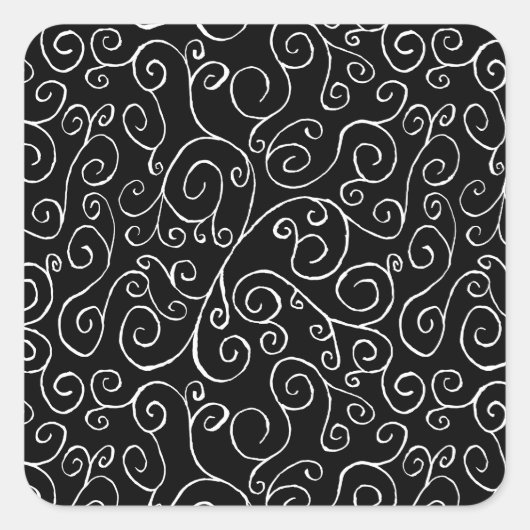 Weiße Scrollbahnen auf schwarz Quadratischer Aufkleber (Vorderseite)