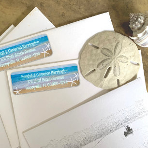 Weiße Seesterne Blaue Ozean-Rücksende-Adressetiket