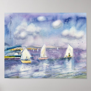 Weiße Segelboote auf lila-blauem Meer Aquarell Poster