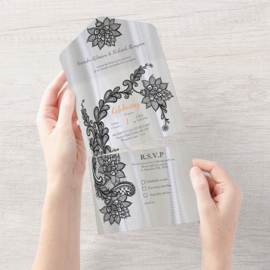 Weiße Seide mit schwarzer Spitze All In One Einladung (Abreißen)