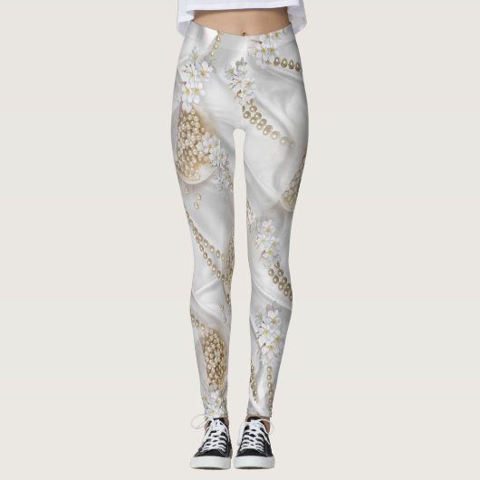 Weiße Seide und Elfenbeinperlen Leggings (Vorderseite)