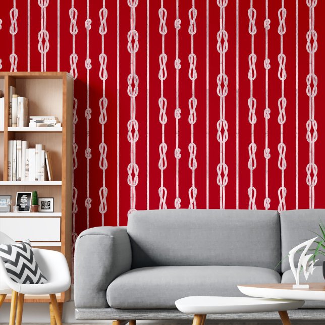Weiße Seil- und Seglerknotenmuster auf rot Tapete (White rope and sailor's knots pattern on red wallpaper)