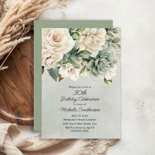 Weiße Seite Grüne Blüte Gold 30. Geburtstag Einladung