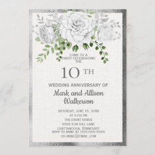 Weiße Silber Blumen 10. Hochzeitstag Einladung