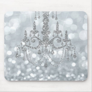 Weiße Silber Glitter Bokeh Glam Kronleuchter Funke Mousepad