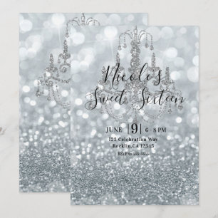 Weiße Silber Glitter Bokeh Glam Kronleuchter Party Einladung