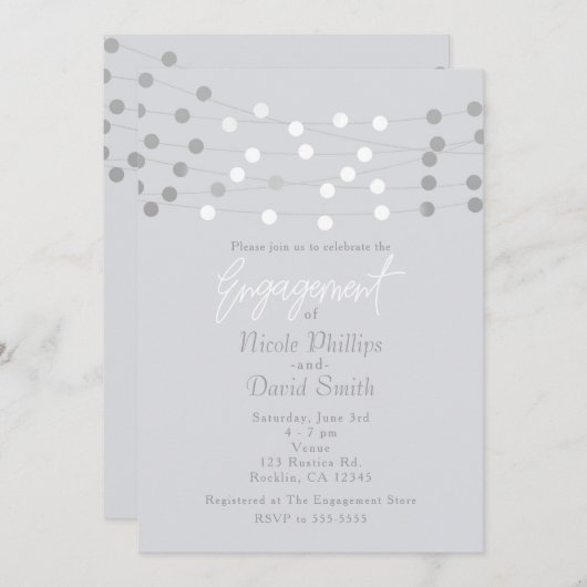 Weiße Silber-String-Lichter Moderne schicke Verlob Einladung (Vorne/Hinten)