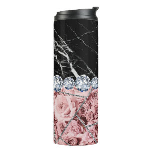 Weiße Silbermarmor-Rose Schwarzer Glitter-Thermalb Thermosbecher