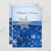 Weiße, silberne, blaue Schneeflocken Hochzeit Einladung (Vorne/Hinten)
