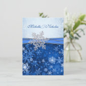 Weiße, silberne, blaue Schneeflocken Hochzeit Einladung (Stehend Vorderseite)