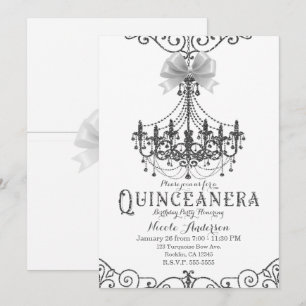 Weiße & silberne weiße Schleife Chic Quinceañera 1 Einladung