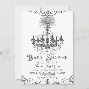 Weiße & silberweiße Baby Shower mit Schleife Einladung