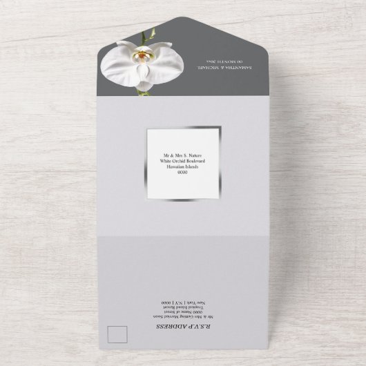 Weiße silvfarbene, schicke Blume Hochzeit Luxus All In One Einladung (Außenbereich)