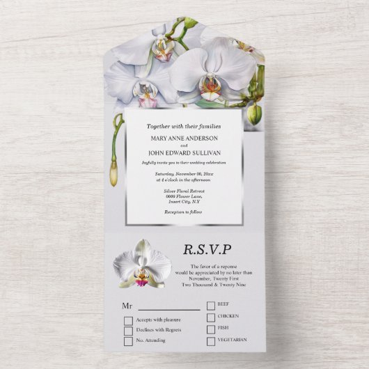 Weiße silvfarbene, schicke Blume Hochzeit Luxus All In One Einladung (Innen Boden)