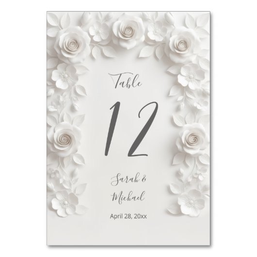Weiße skulpturierte Blumenbogen-Hochzeit   Tischnummer (Vorderseite)