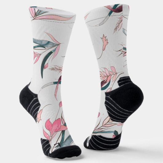 Weiße Socken mit floralem Design mit rosa (Gewinkelt)