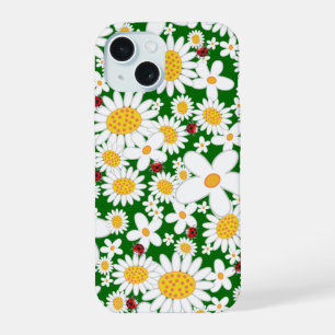 Weiße Sommergänseblümchen und verspielte rote Mari iPhone 15 Hülle