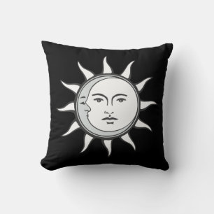 Weiße Sonne und Silbermond auf Schwarz Kissen