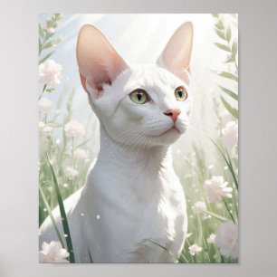 Weiße Sphinx-Katze und Blumen Poster