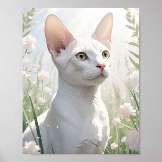 Weiße Sphinx-Katze und Blumen Poster (Vorne)
