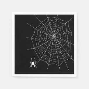 Weiße Spinne auf Schwarz mit Halloween-Spinnweben Serviette