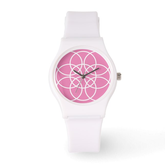 Weiße Spiralkreise auf rosa Armbanduhr (Vorderseite)