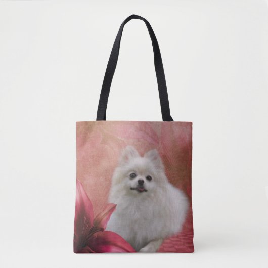 Weiße Spitz Hunde Blume Tier Tasche (Vorderseite)