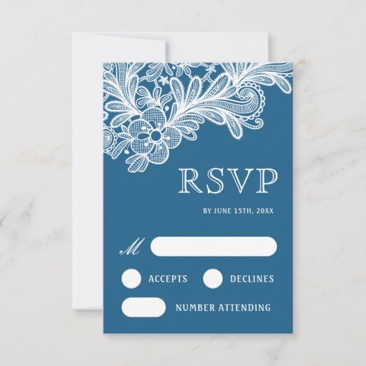 Weiße Spitze auf Blue Wedding RSVP Card Karte (Vorderseite)