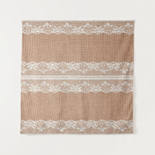 Weiße Spitze auf brauner Jute-Textur Wandteppich