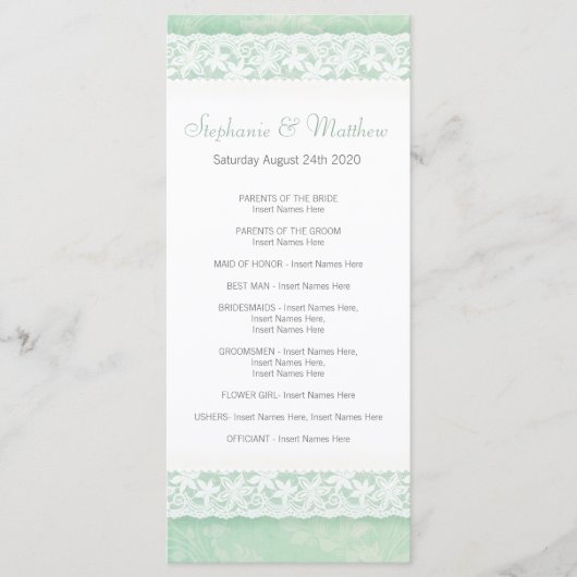 Weiße Spitze auf grüner Hochzeitskarte Programm (Vorderseite)
