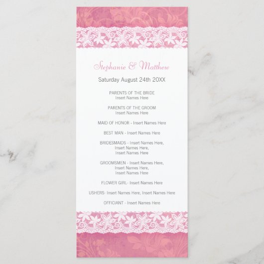 Weiße Spitze auf Korallenrosa Hochzeitskarte Programm (Vorderseite)