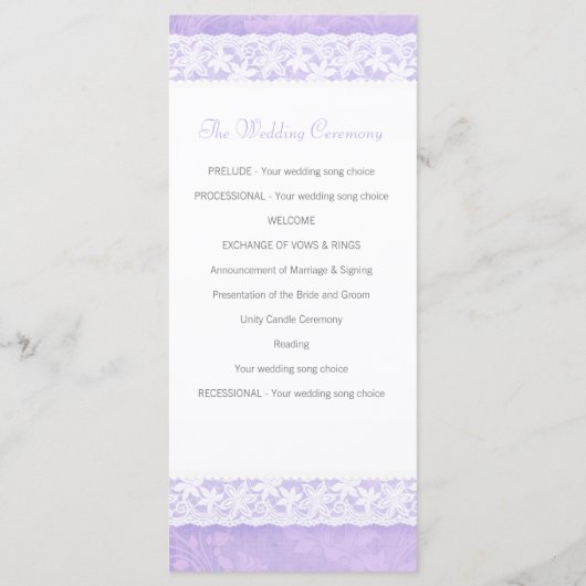 Weiße Spitze auf lila Hochzeitskalender Programm (Rückseite)
