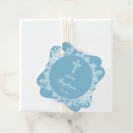 Weiße Spitze auf Pastellblauer Taufe Geschenkanhänger