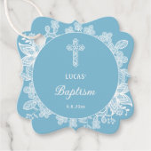 Weiße Spitze auf Pastellblauer Taufe Geschenkanhänger (Vorderseite)